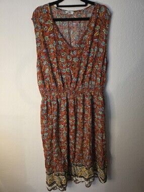 Rust Floral Boho Midi Dress with Border Hem